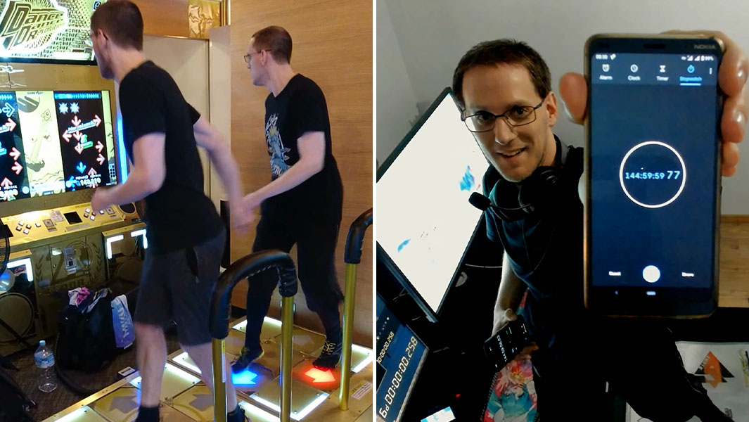 split image of Szabolcs playing the game and holding up a timer