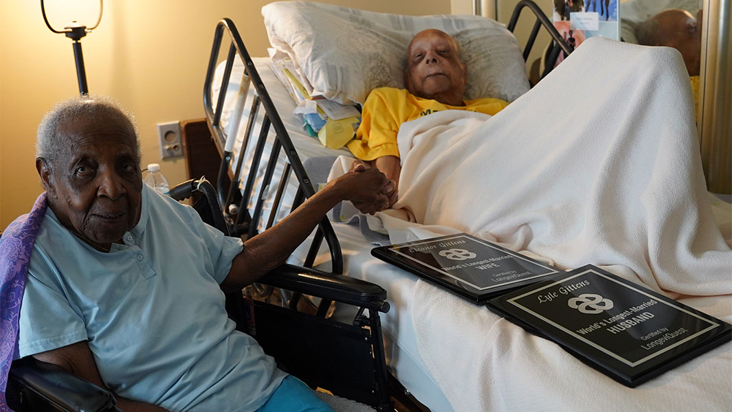 split image of Lyle and Eleanor on their wedding day and now