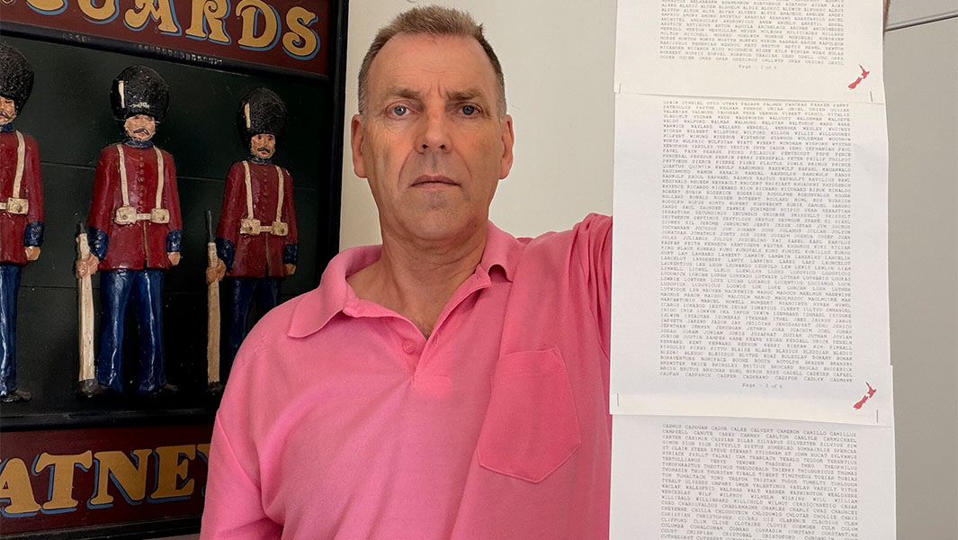 split image of the man with the longest personal name holding a printout of it