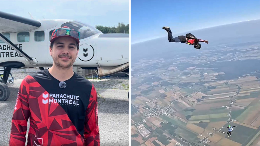 split header of Marc in front of the plane and during his skydive