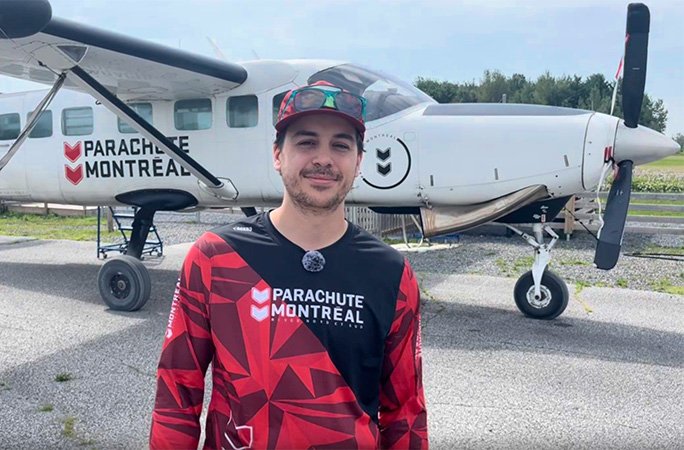 split header of Marc in front of the plane and during his skydive