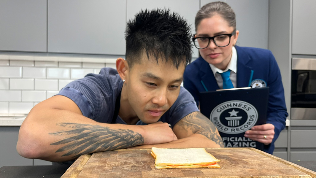 Wallace Wong and GWR's Joanne Brent inspect the thinnest sandwich