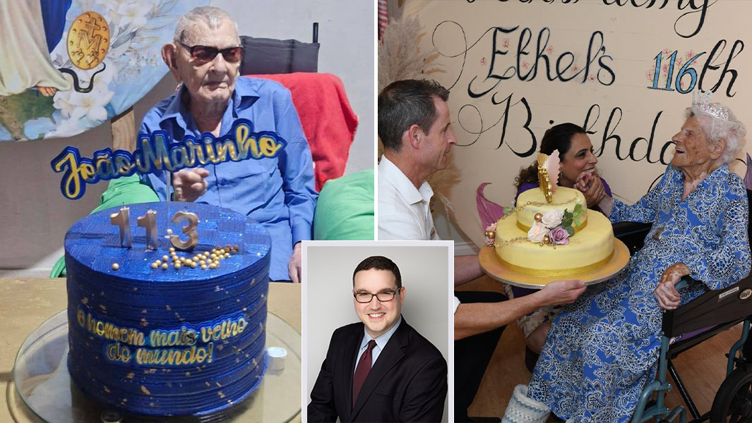 split image of oldest man and woman and LongeviQuest's Ben Meyers