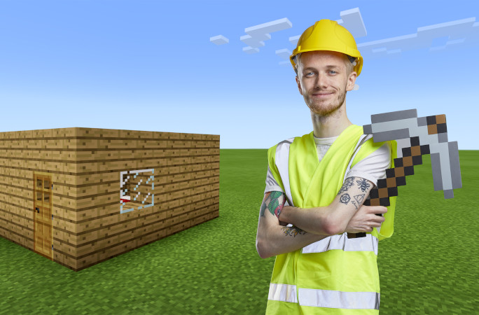 Callum building a Minecraft house