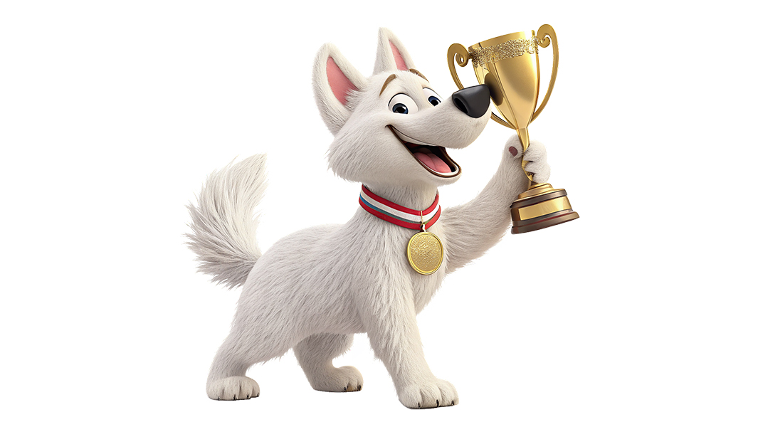 generic cartoon image of a dog holding up a trophy