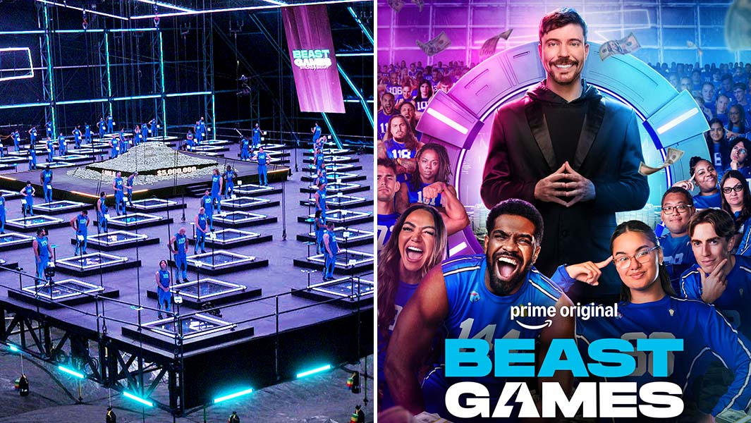 Split image of the Beast Games contestant platform and MrBeast
