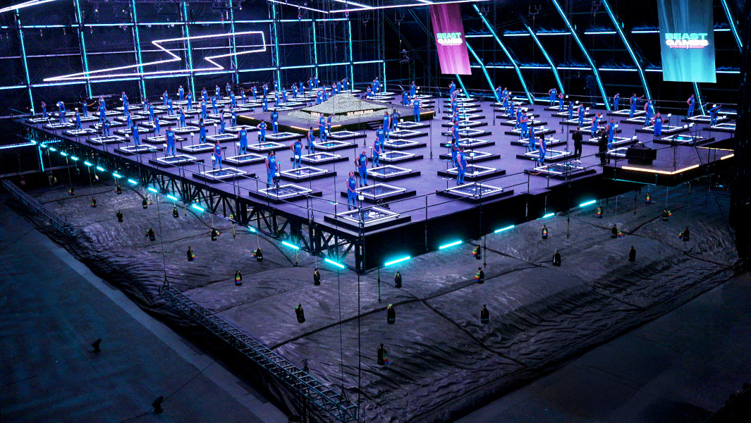 Split image of the Beast Games contestant platform and MrBeast