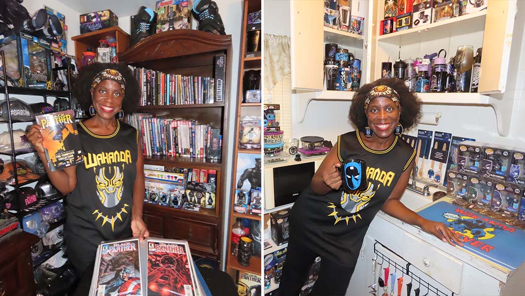 Split image of Tyesha and her comics and in her Black Panther themed kitchen