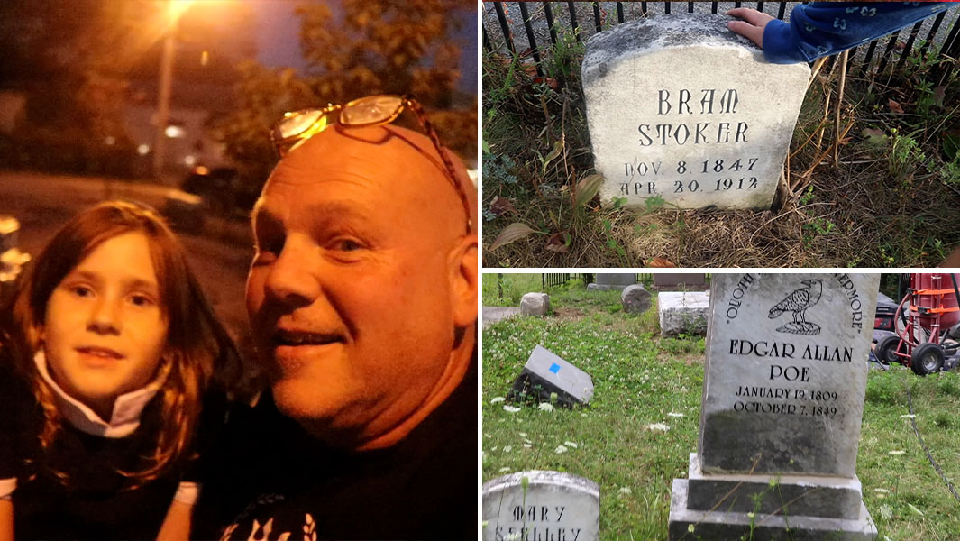 split image of Blair and Luna with some of the cenotaphs