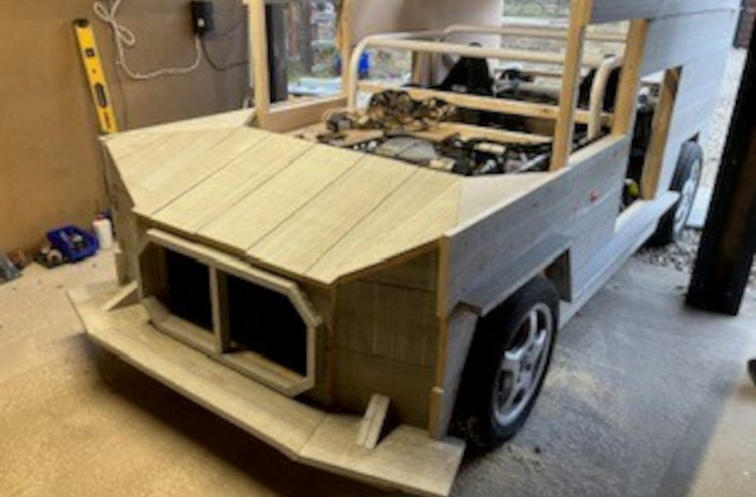 Front view of the shed being built