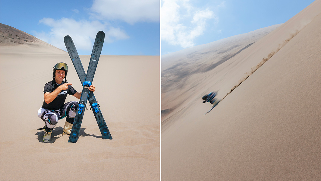 Split image of Mahe holding his skis and going downhill on the sand dune