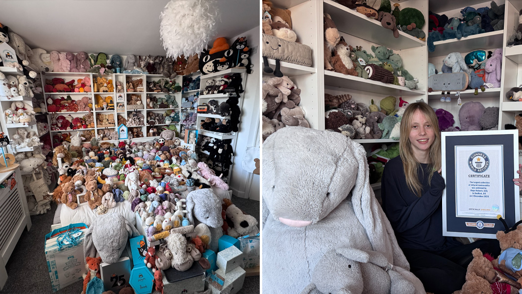 Split image of a room filled with Jellycat toys and a closer shot of a girl holding a Guinness World Records certificate next to a big toy bunny