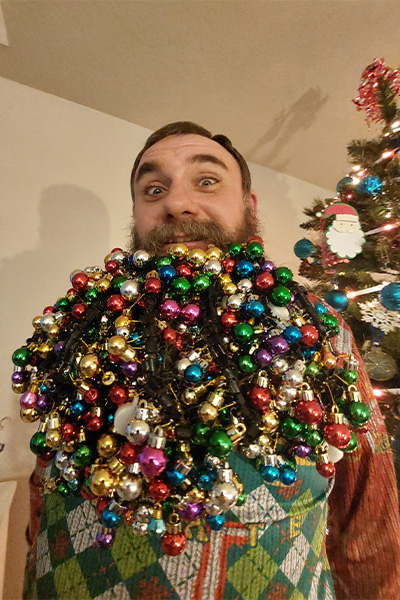 Joel with baubles in his beard