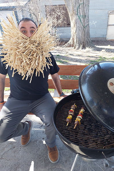 Joel with BBQ skewers in his beard