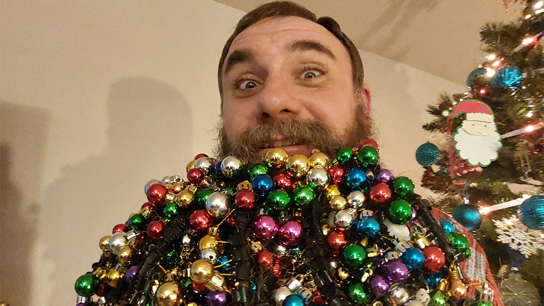 split image of Joel Strasser with different things in his beard