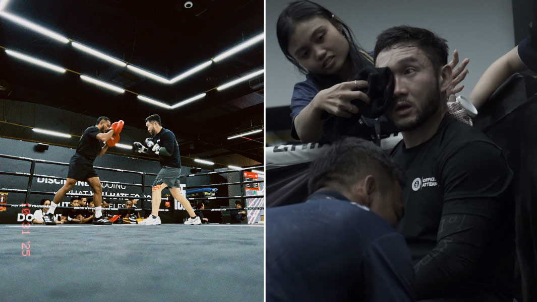 Split image most boxing pad punching rounds low angle shot of the ring