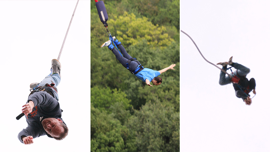 split image of François-Marie Dibon during three different bungee jumps