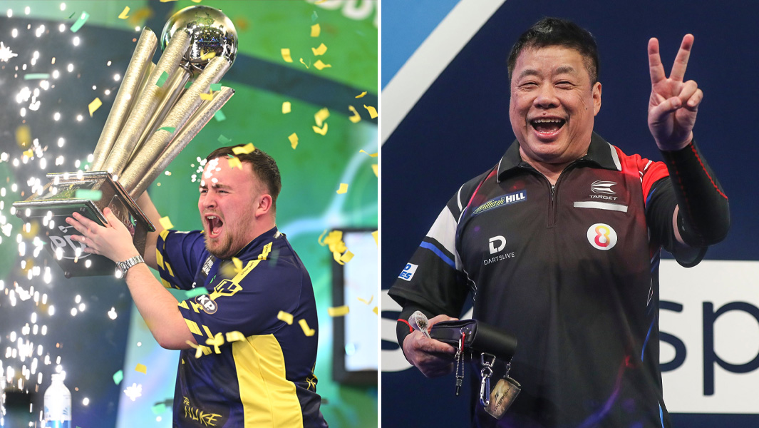 Split image of Luke Littler holding a trophy and Paul Lim smiling whilst doing the peace sign with his fingers