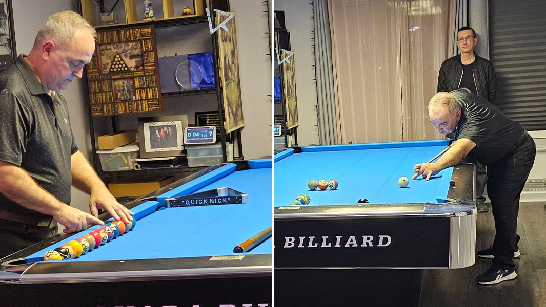 split image of Nick lining pool balls up and taking a shot