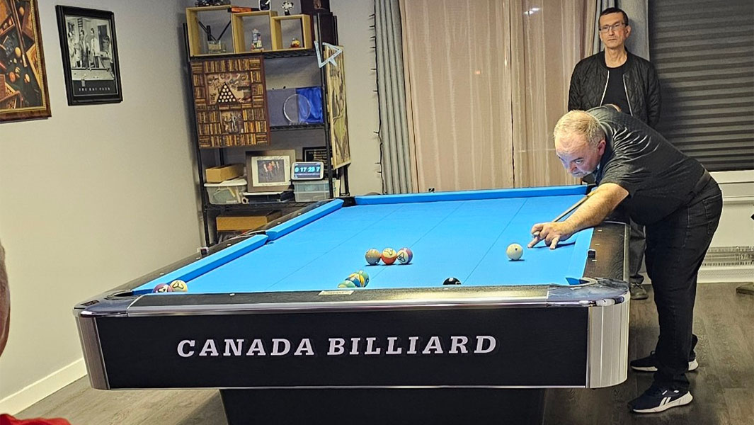 split image of Nick lining pool balls up and taking a shot