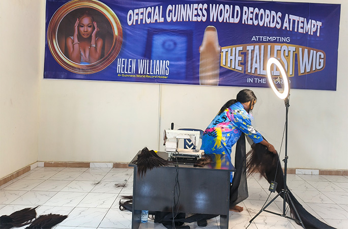 Helen working on the wig