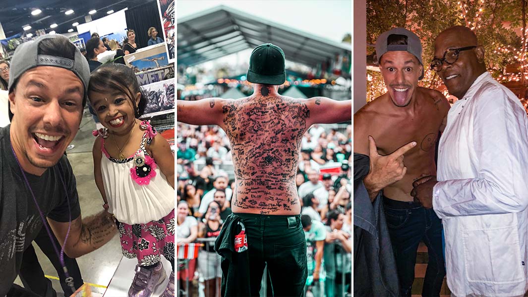 split image of Funky with Jyoti Amge, on stage, and with Samuel L Jackson