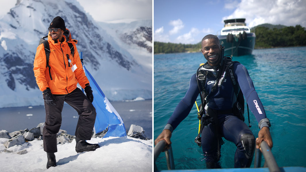 Split image of Barrington Scott in Antarctica and Thailand