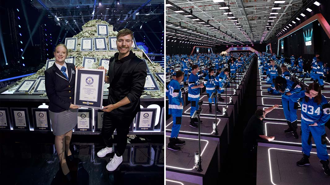 Split image of MrBeast with GWR's Emma Salt and Beast Games contestants