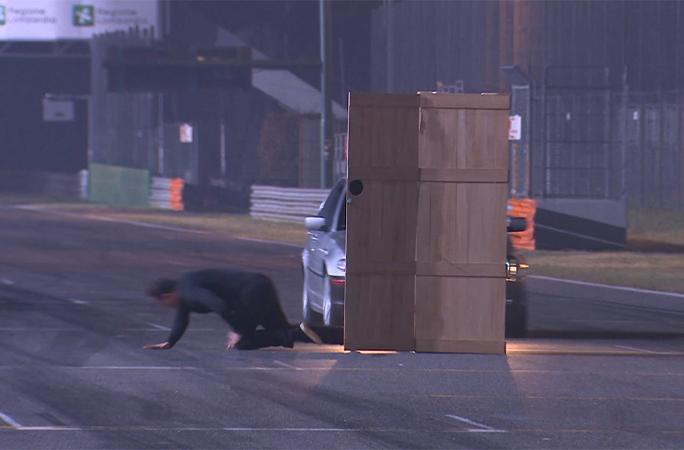 Klauss stumbles as he leaps from the box