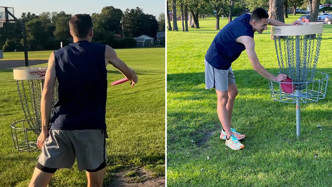 Split image of Jonathan throwing a frisbee and collecting it from a disc golf target