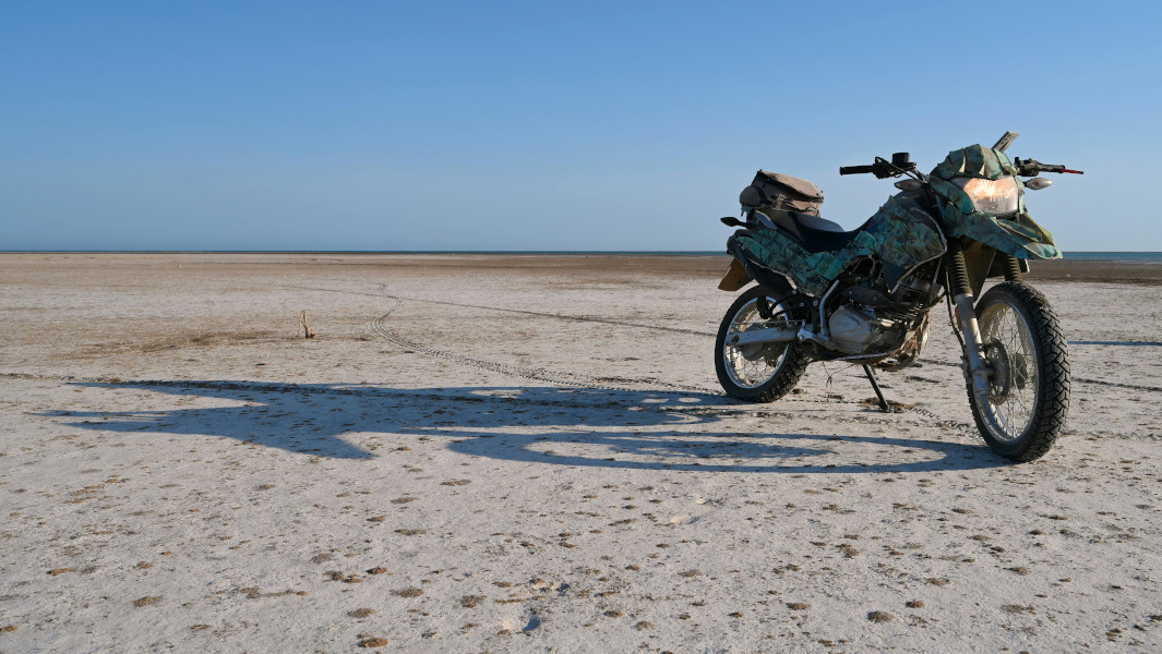 Image of a motorcycle at the Bonneville Salt Flats.