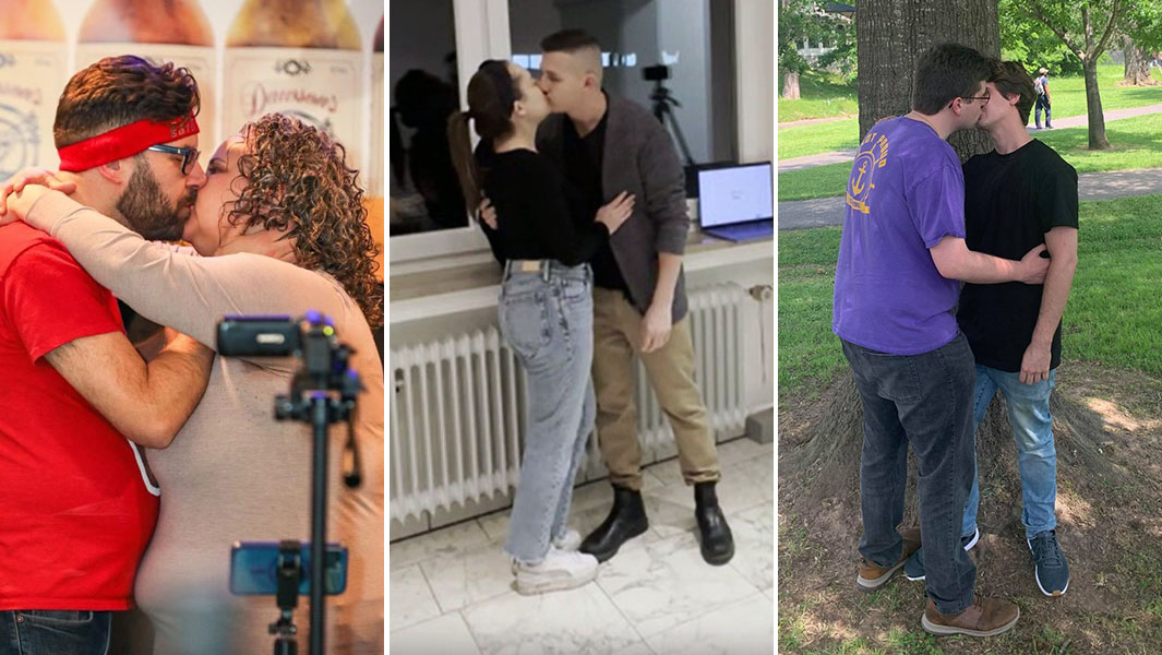 Split image of three couples doing a habanero pepper kiss