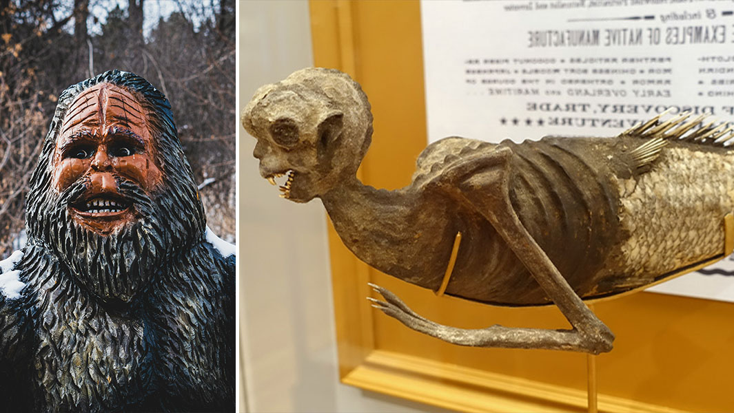 Split image of Bigfoot and a paper-mache mermaid