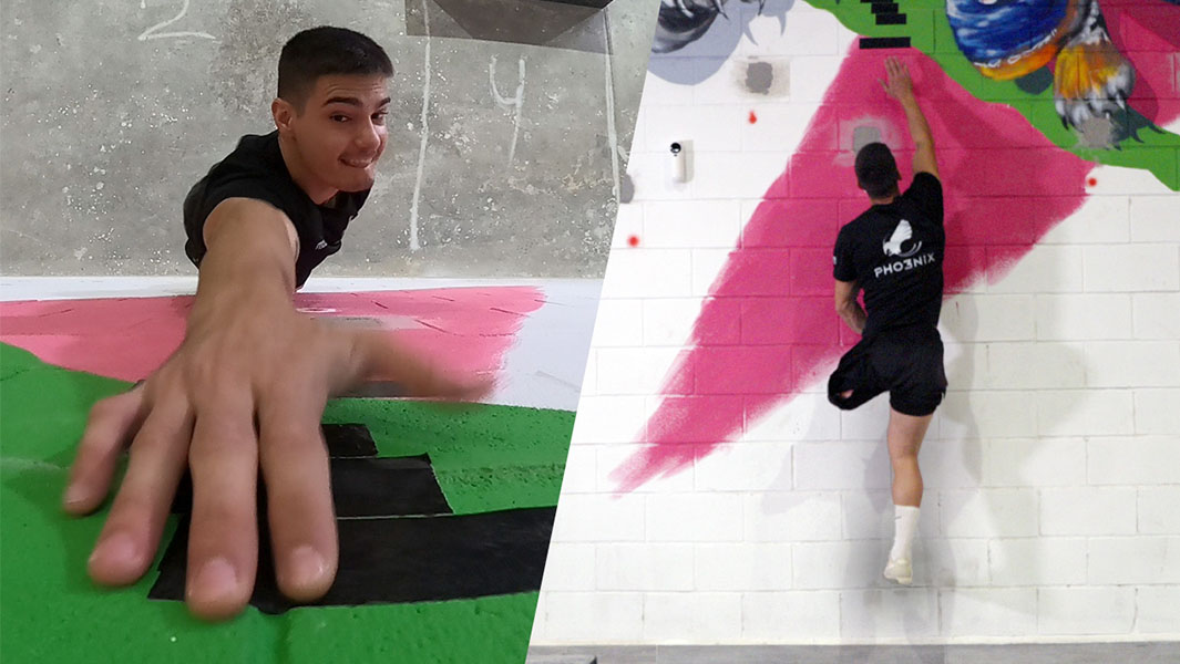 Split image of Ruben from above and behind as he jumps up a wall