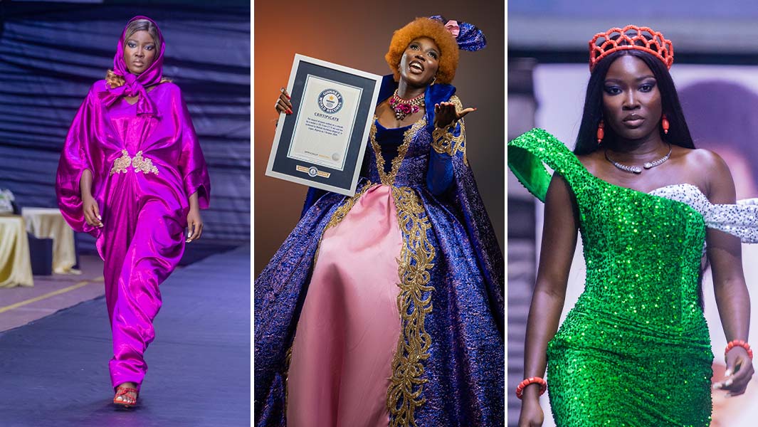 Split image of Ololade on the catwalk and with her certificate