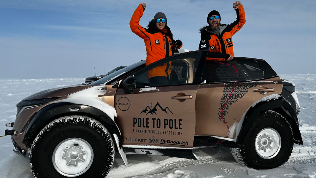Chris and Julie Ramsey with their Nissan at the South Pole