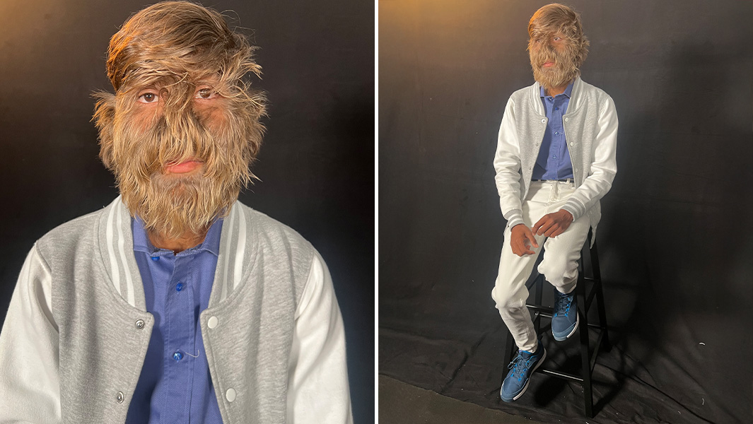 Split image of Lalit's face close up and him sitting on a stool