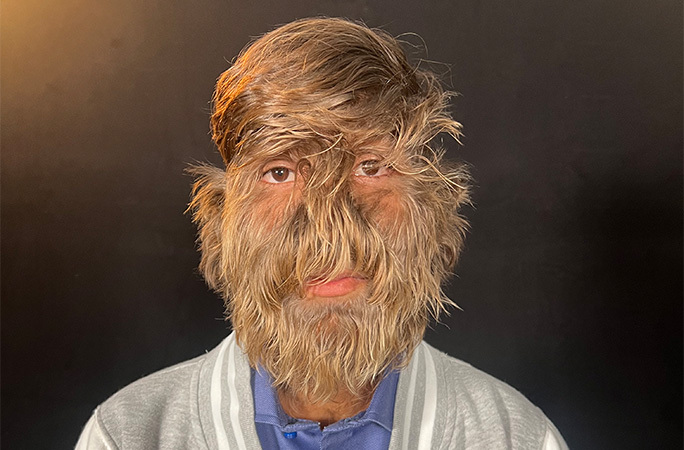 Split image of Lalit's face close up and him sitting on a stool