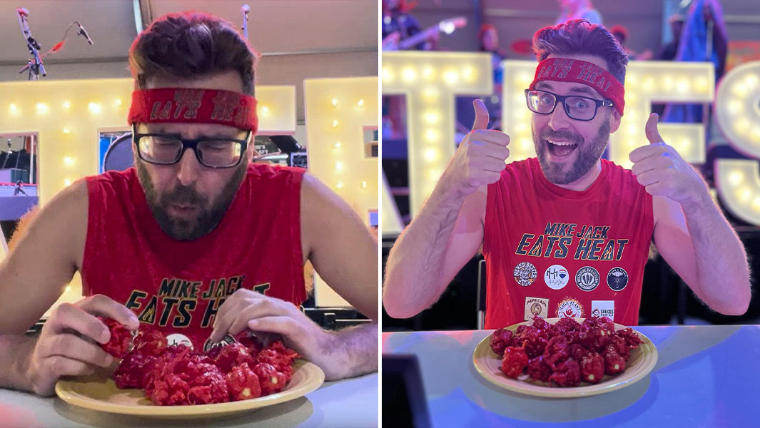 Split image of Mike Jack eating Carolina Reaper peppers and giving a thumbs up