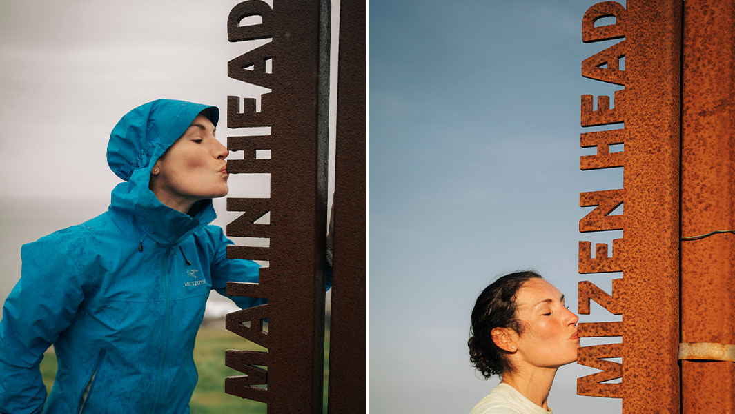 Sophie at the start and end of her run across Ireland