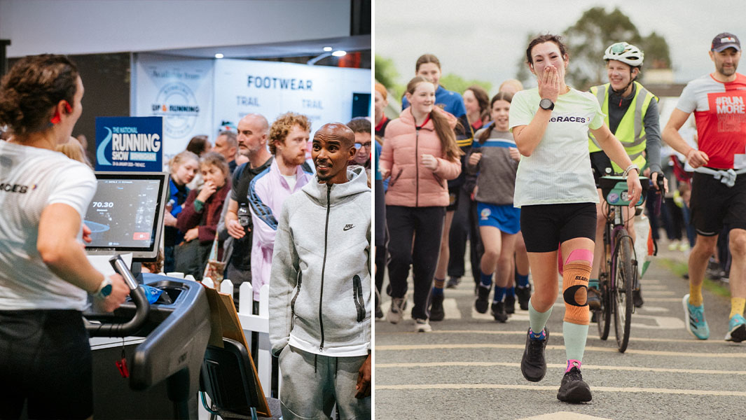 Split image of Sophie Power on a treadmill with Mo Farah watching and Sophie running through Ireland