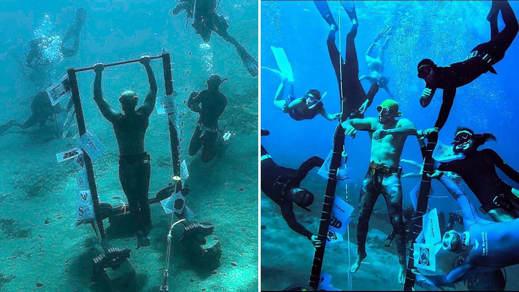 Split image of Ramy doing underwater pull ups