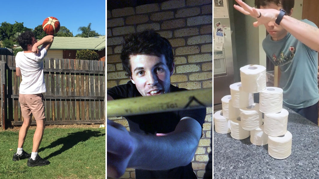 Split image of Brendan Kelbie spinning a basketball on his elbow, holding a measuring tape and stacking toilet rolls
