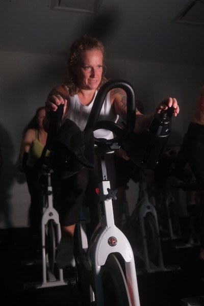 Heather cycling and looking intense