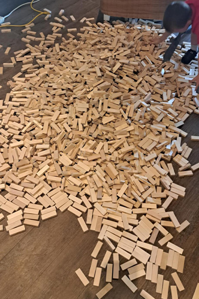Jenga blocks scattered on the floor