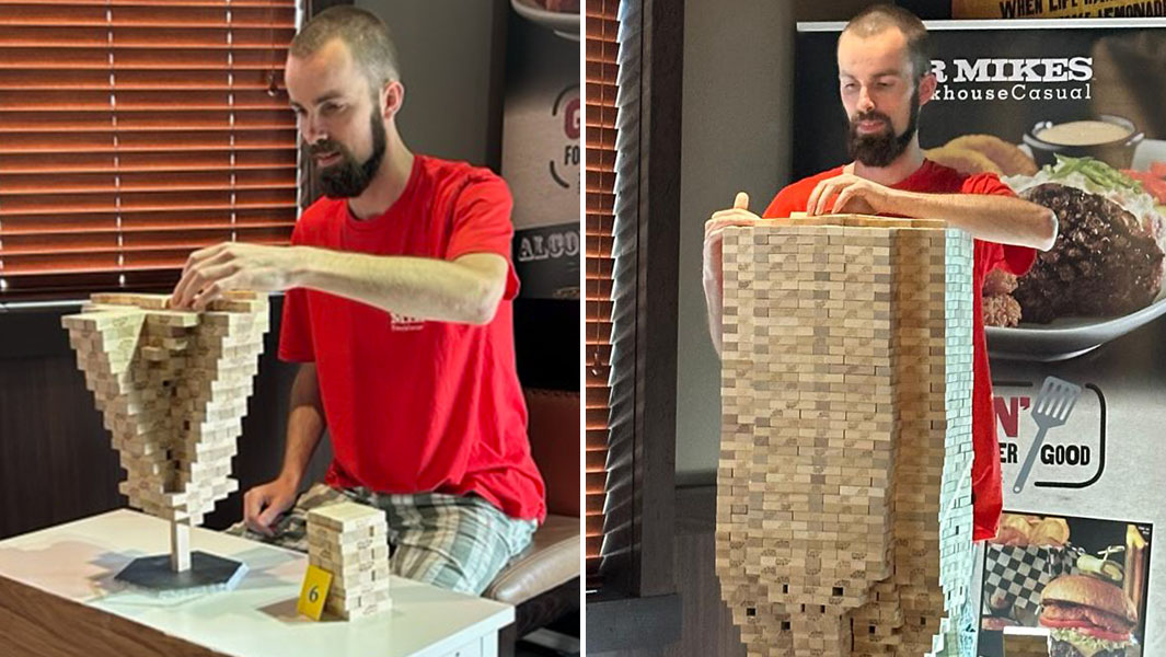 Split image of Abbetjes building his Jenga tower