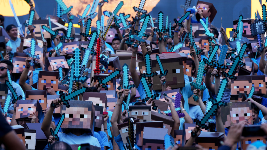 Dozens of people dressed as Steve from Minecraft