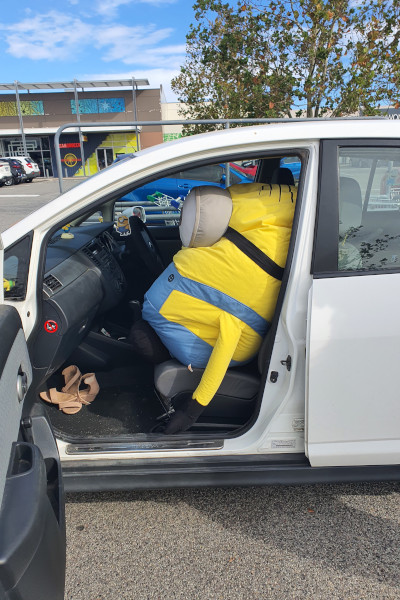 Stuart the Minion riding in Liesl's car