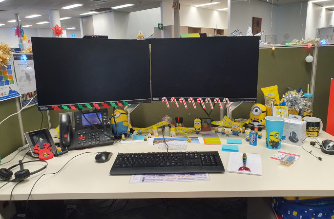 Liesl's work desk covered in Minions