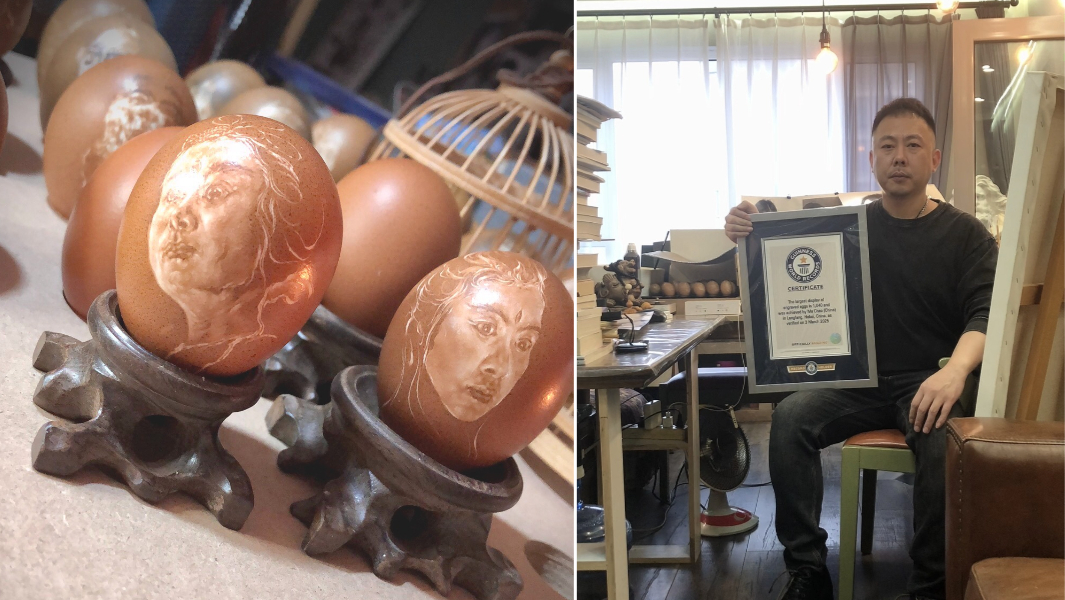 split image of eggshell carving and machao holding gwr certificate